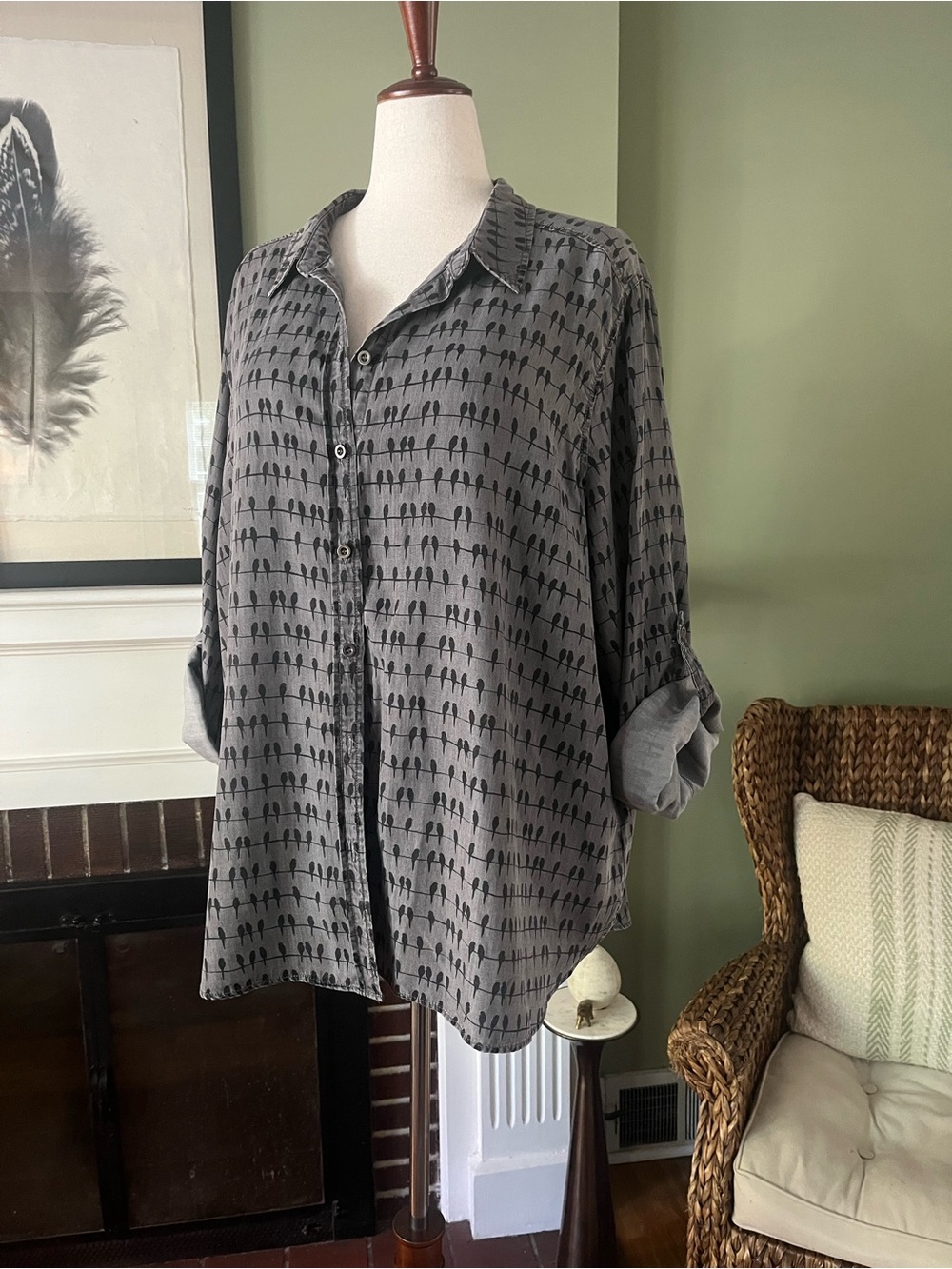 Birds on a Line Print Button-Up Shirt | Gray | 3X